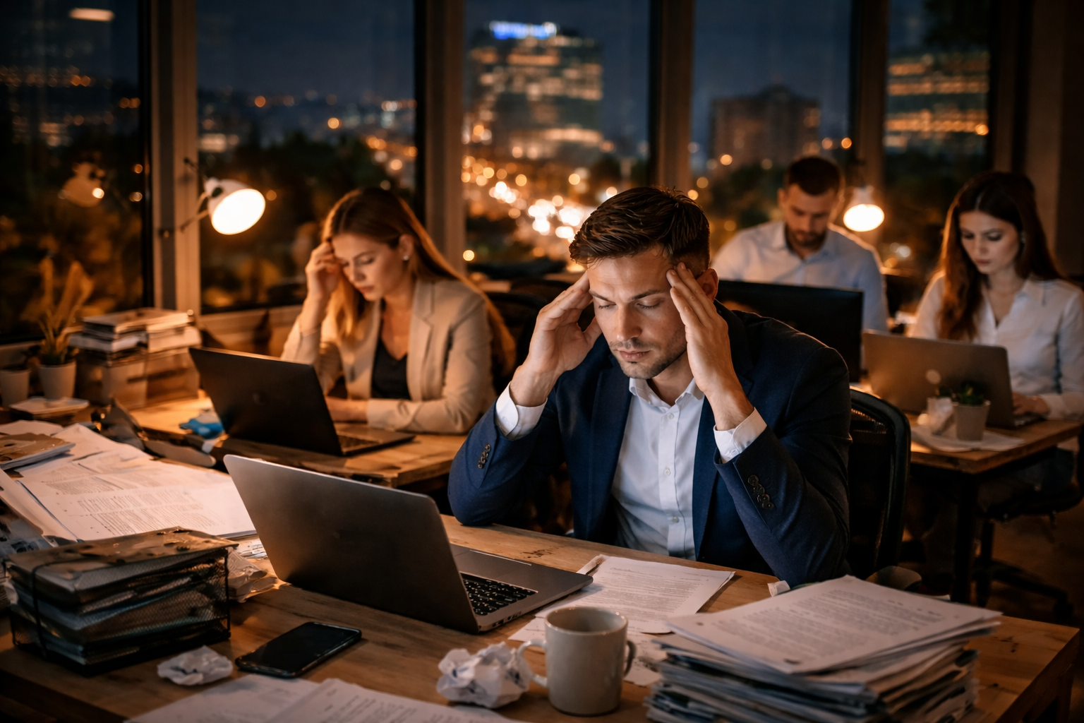 Angajați stresați lucrând seara târziu într-un birou din oraș, imagine ilustrativă pentru articol despre stres și suprasolicitare la locul de muncă