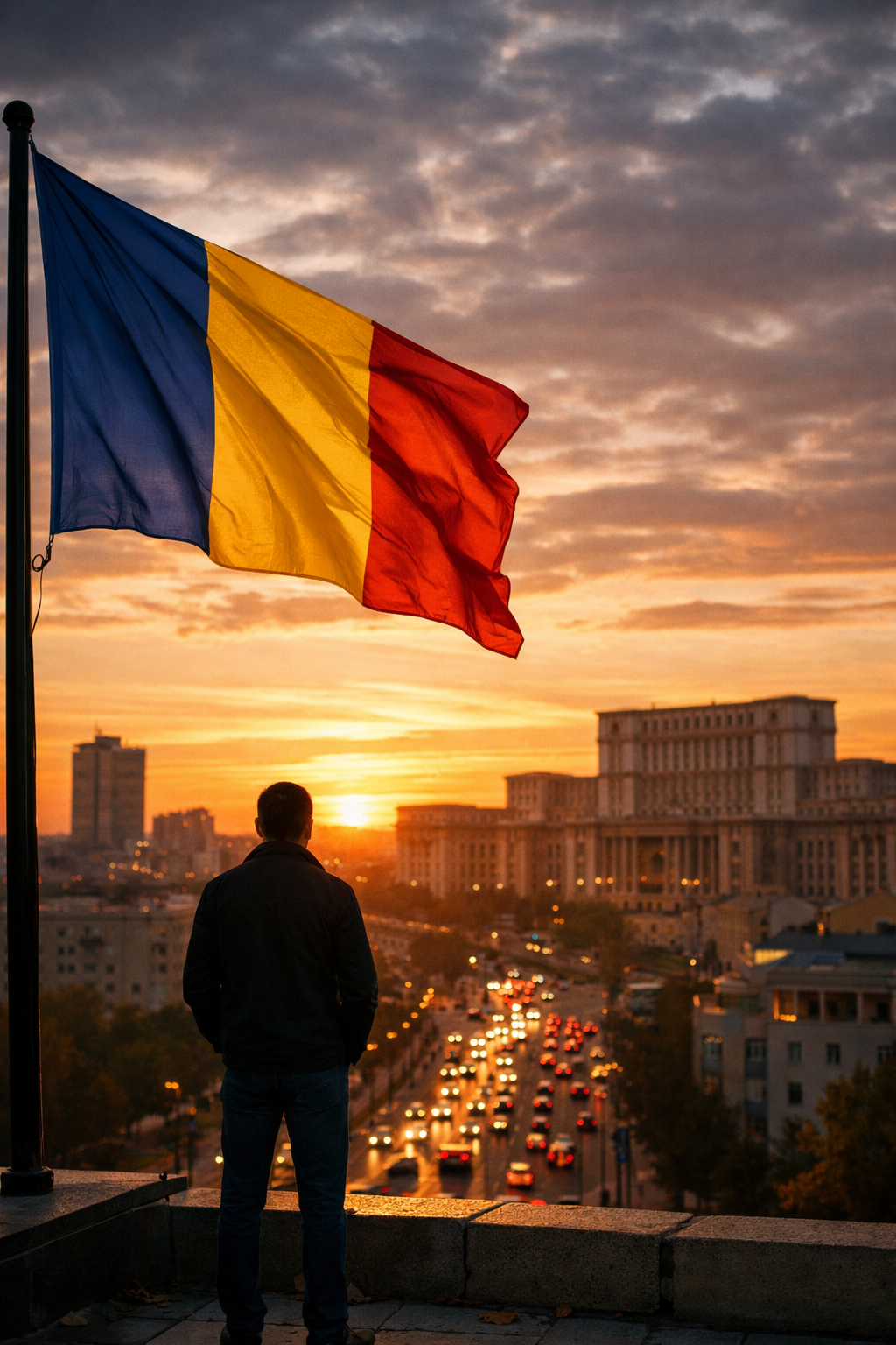 Steagul României fluturând la apus în București, cu Palatul Parlamentului și traficul din oraș în fundal