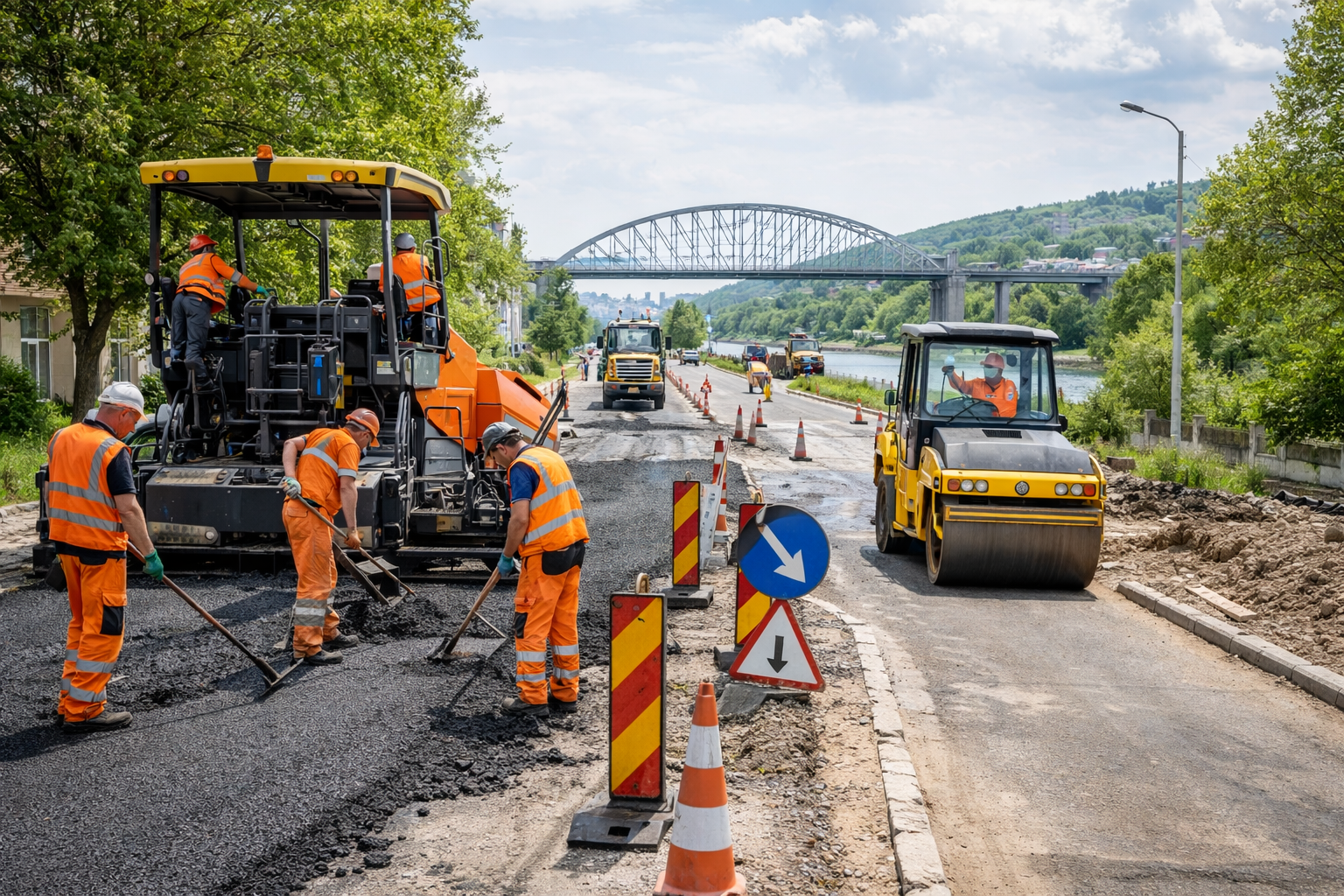 Lucrări de modernizare străzi în Cernavodă – muncitori asfaltează carosabilul